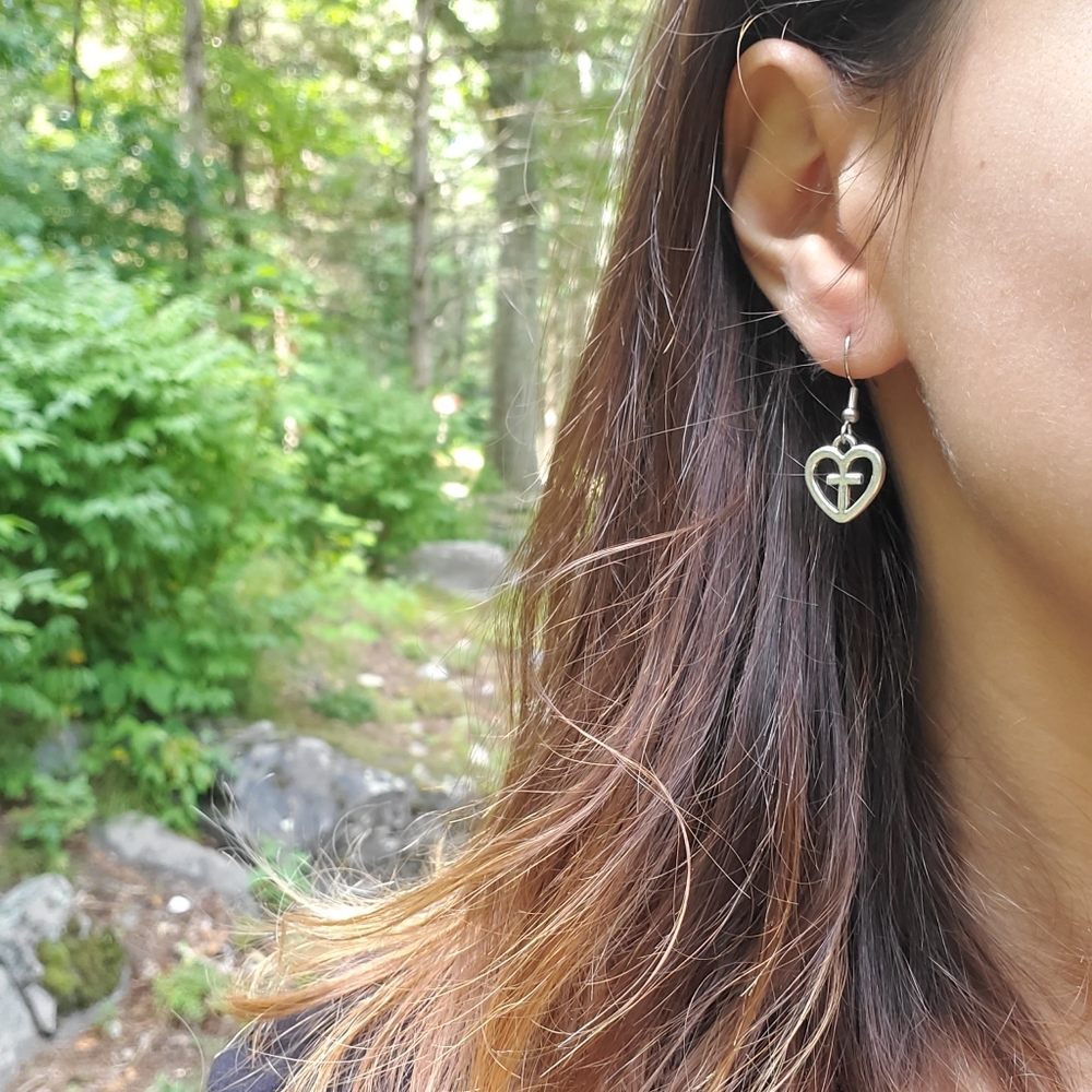 New Handmade Dainty Silver Cross Heart Earrings - Picture 9 of 15